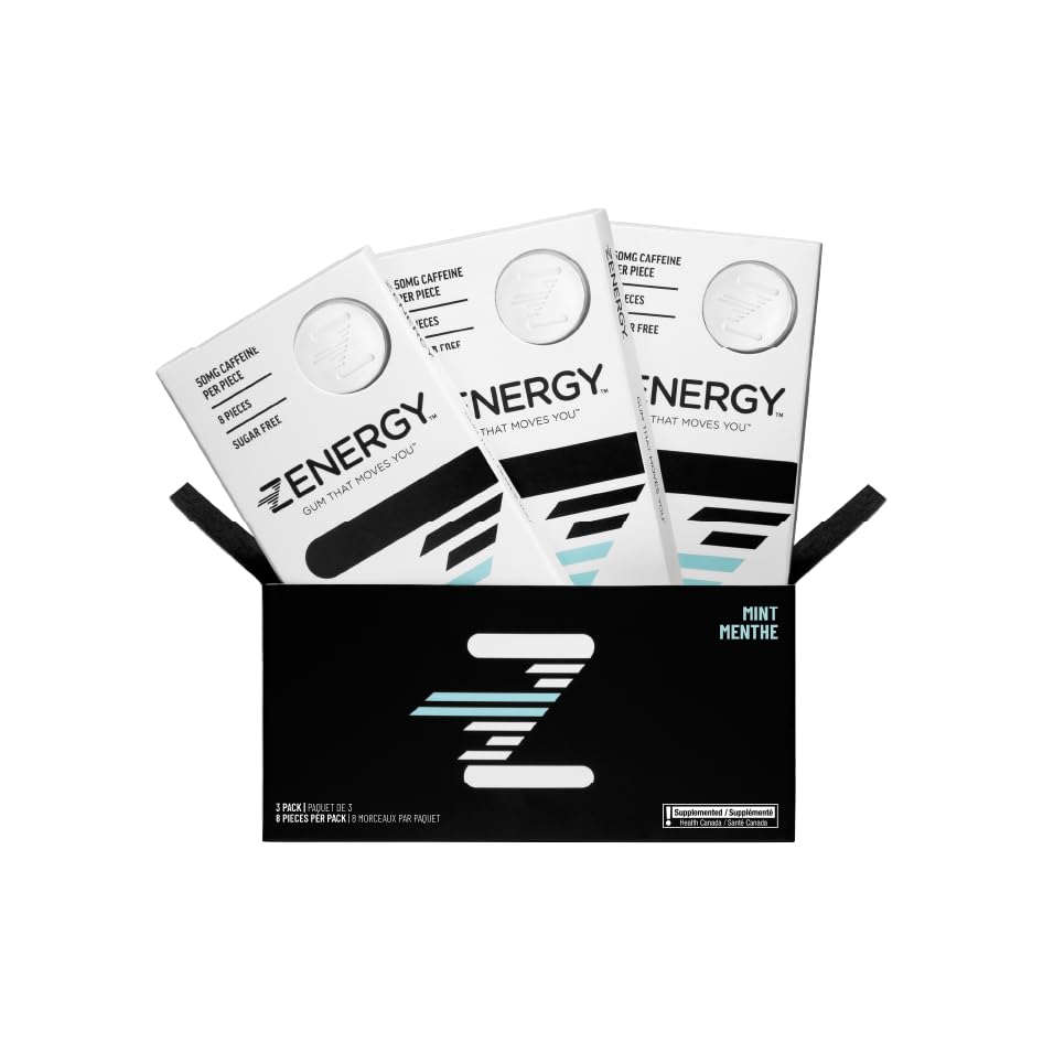 ZENERGY mint energy gum pack front showing compact, portable energy on the go.