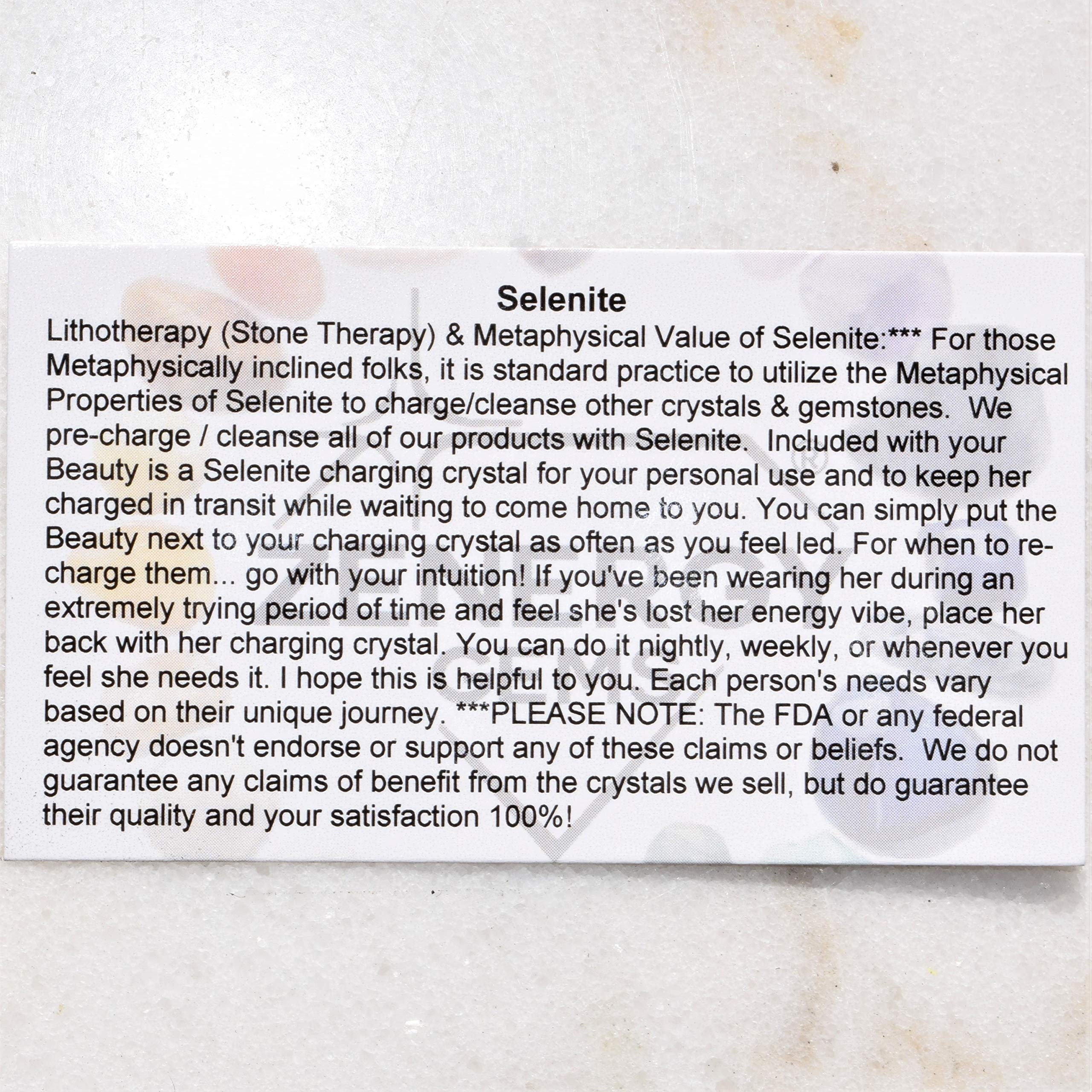 Zenergy Gems Packaging includes Metaphysical Information Card.
