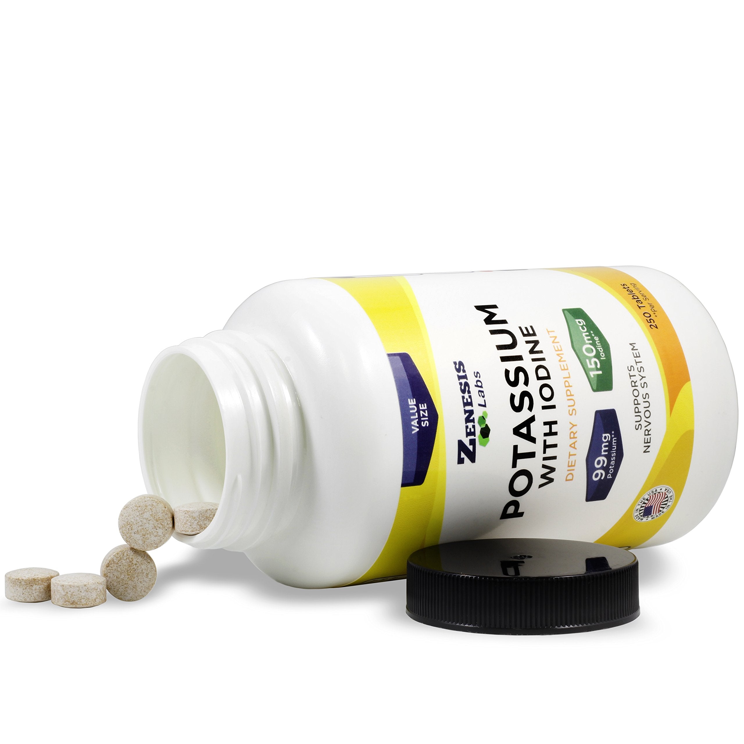 Zenesis Labs iodine kelp tablet bottle close-up, natural iodine source for daily wellness.