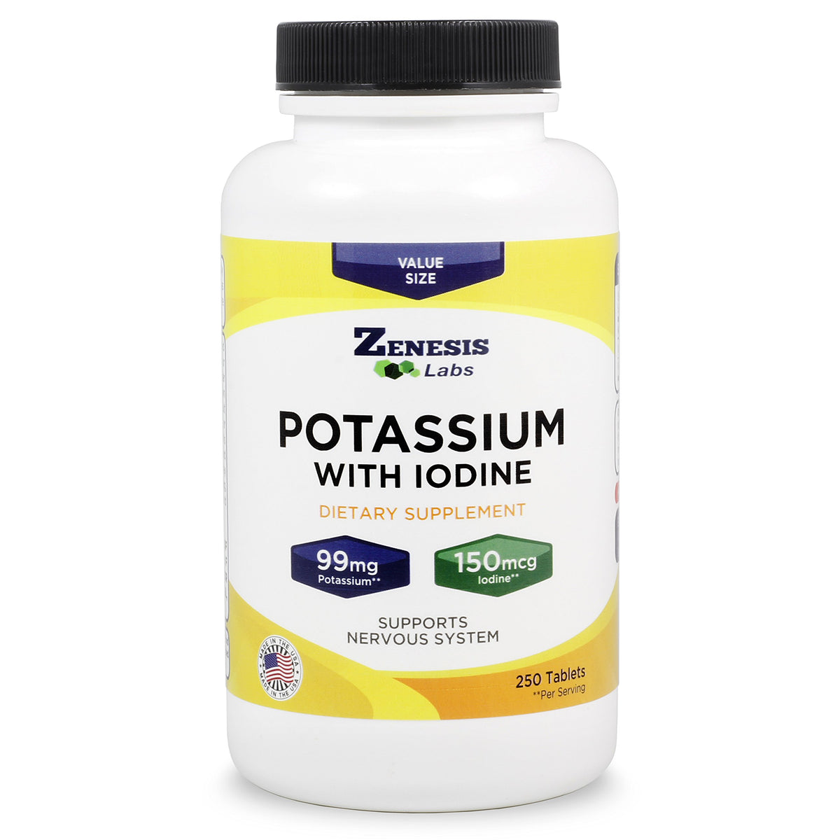 Zenesis Labs potassium gluconate tablet bottle close-up, convenient daily supplement for nervous system support.