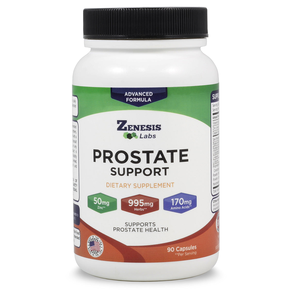 Zenesis Labs Prostate Health bottle front shows saw palmetto for urinary comfort