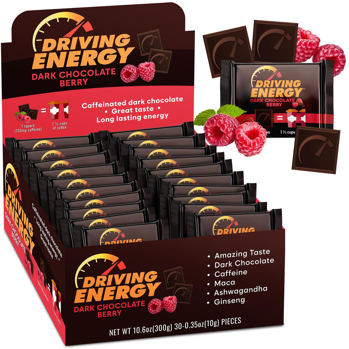 ZenEvo Driving Energy bite in dark chocolate berry for a focused workout boost.