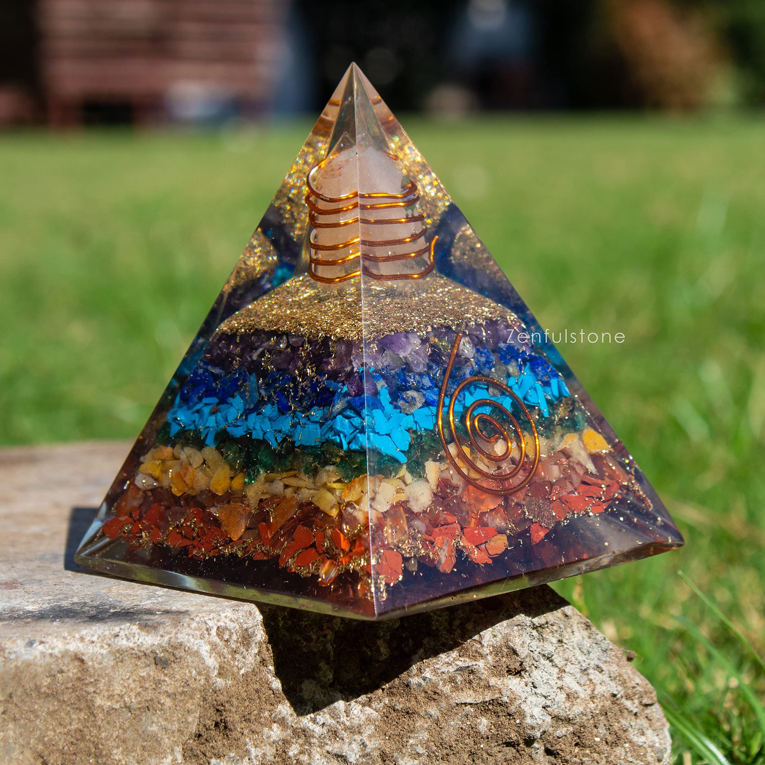 ZENFULSTONE Orgone Pyramid with seven chakra crystals for balance.