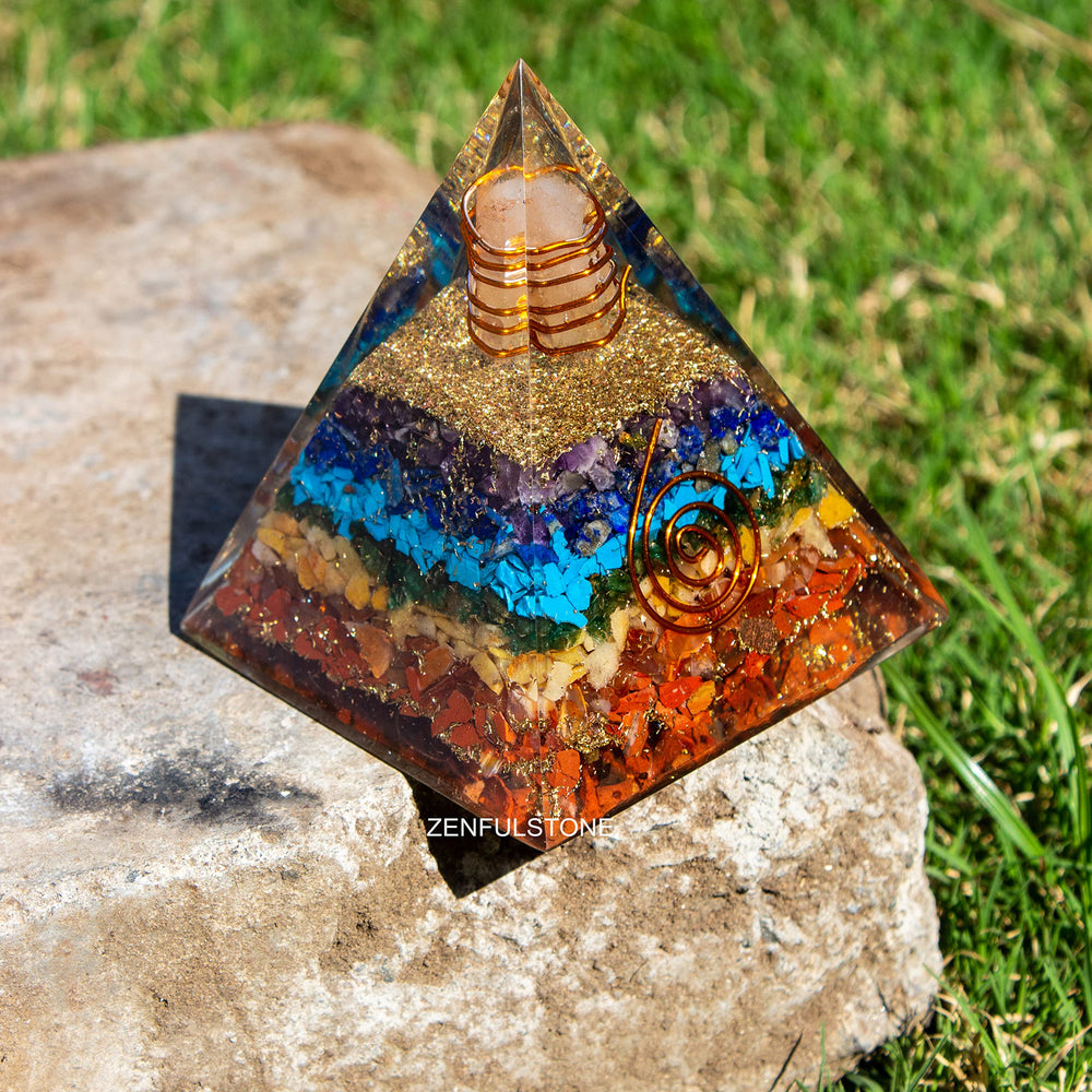 ZENFULSTONE Orgone Pyramid on desk or altar for calm energy.