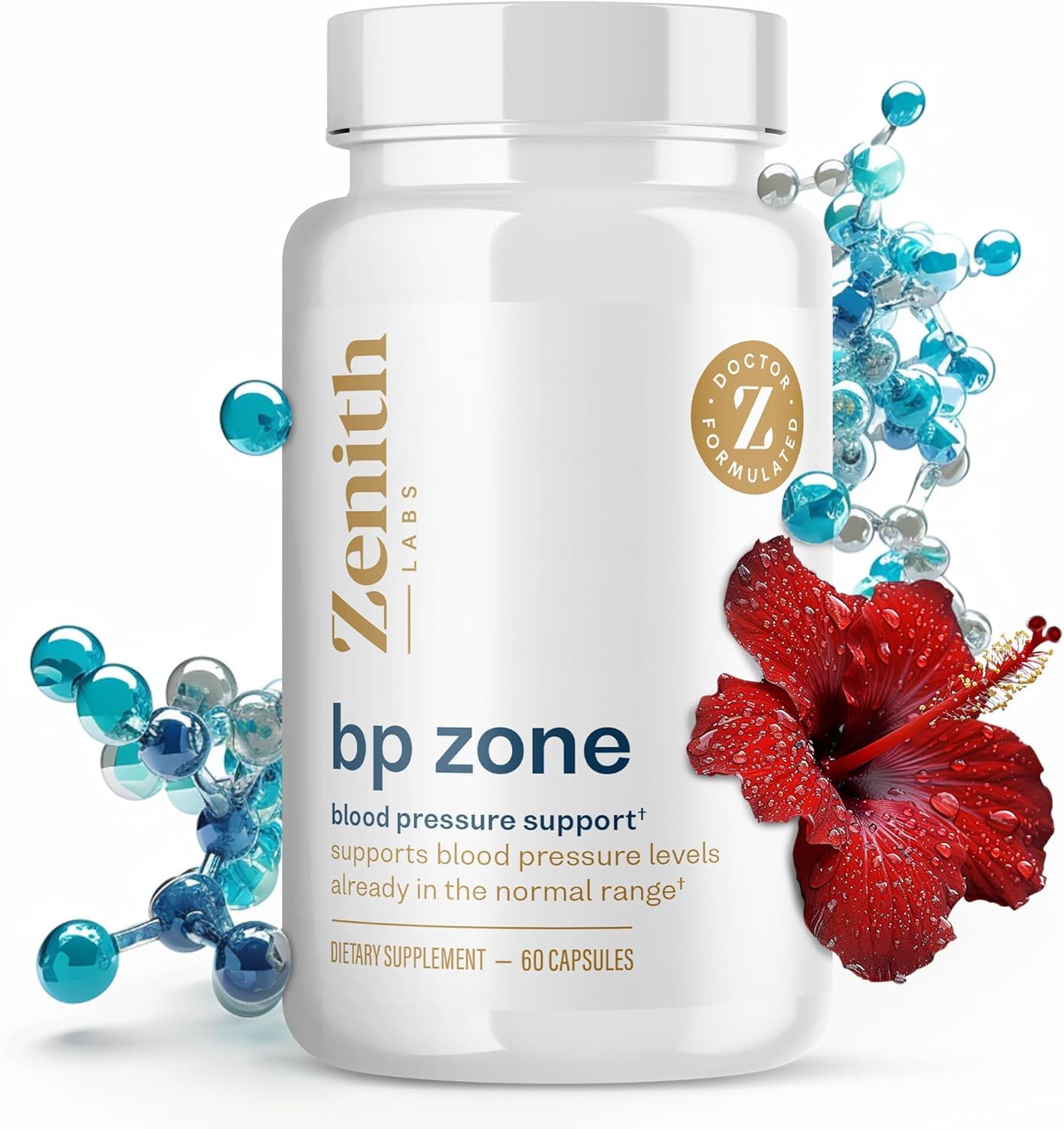 Zenith Labs BP Zone bottle showing easy daily supplement for balanced blood flow
