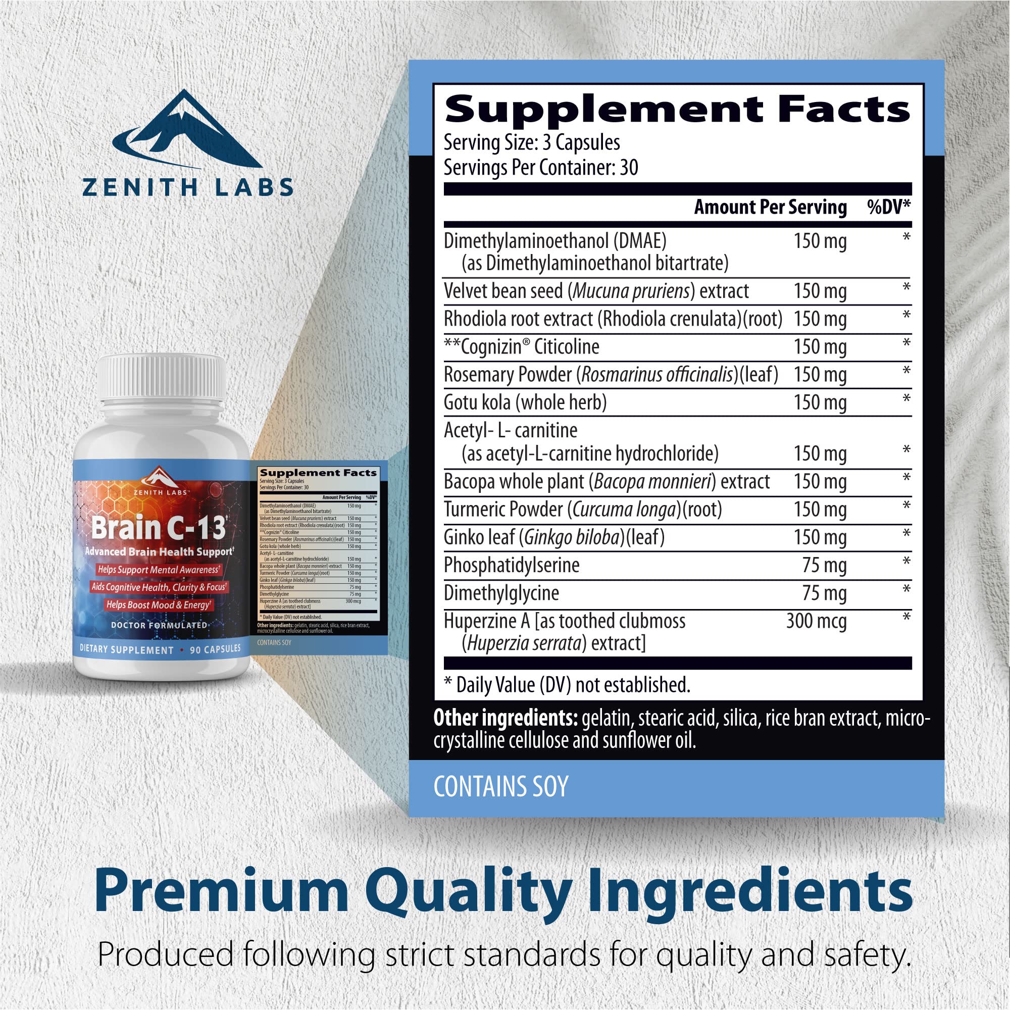 Brain C-13 packaging box emphasizing brain health benefits