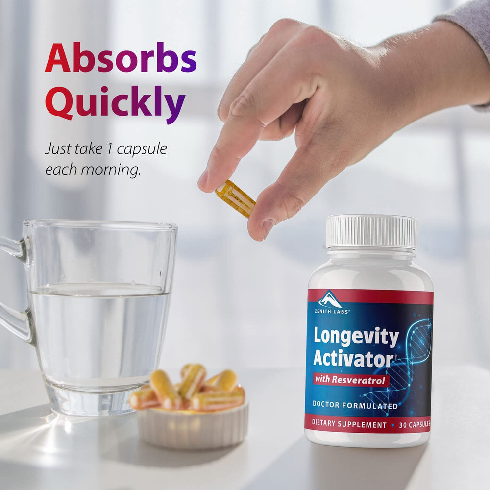 Packaging note visual for Zenith Labs Longevity Activator product overview.