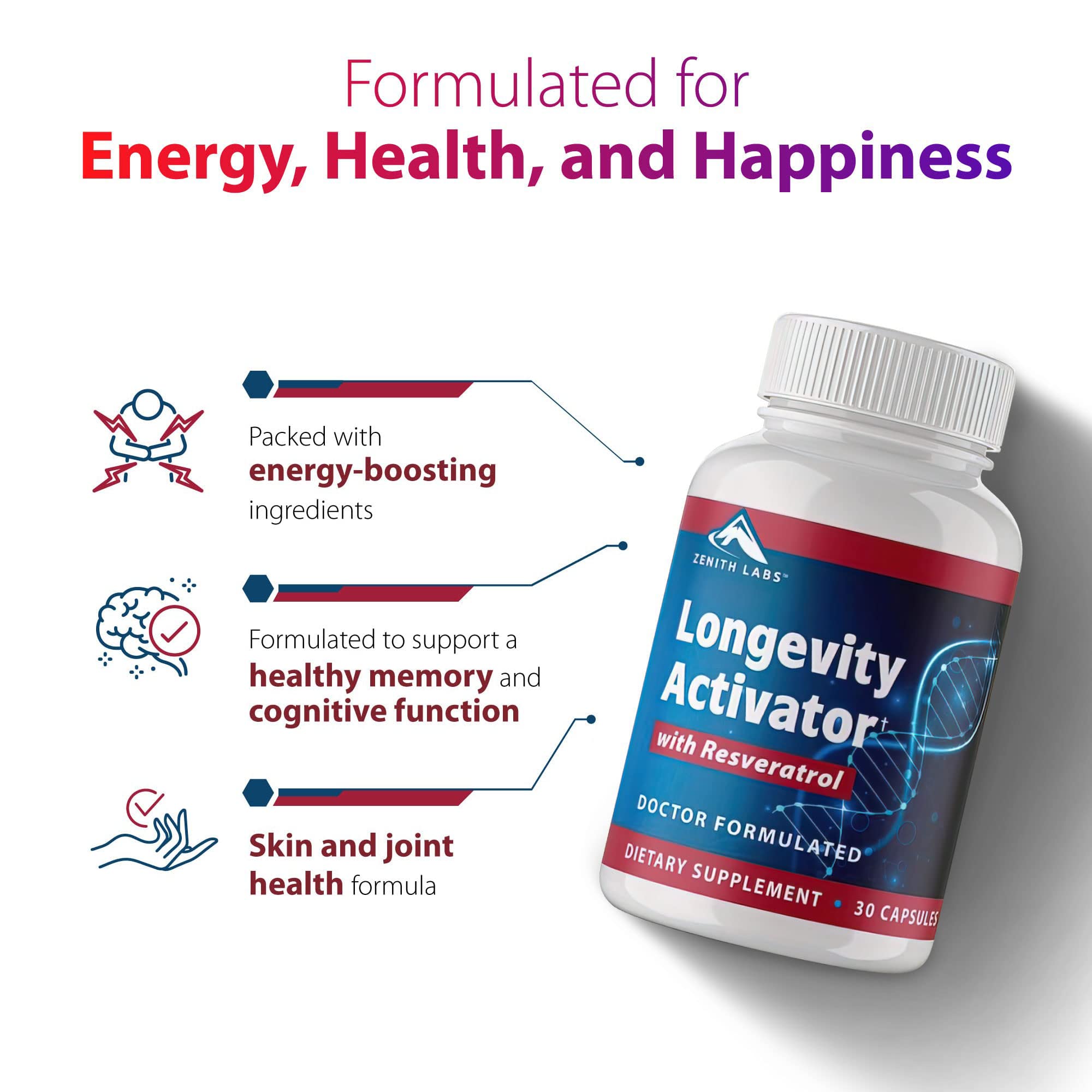 Close-up of Zenith Labs Longevity Activator label highlighting resveratrol content.