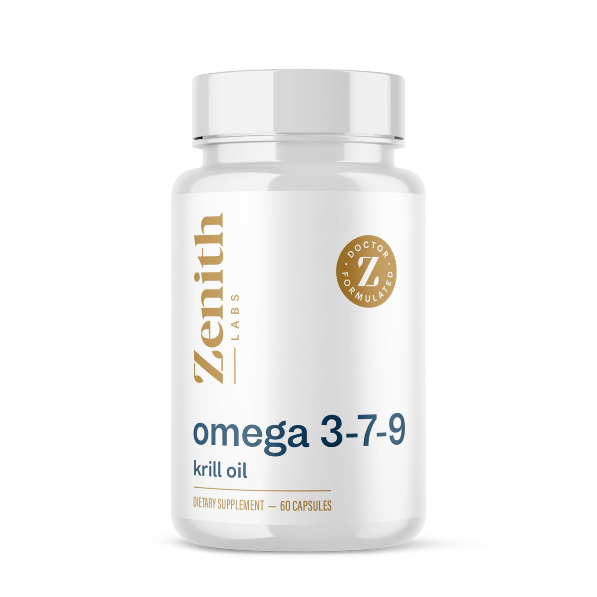 Zenith Labs Omega 379 bottle on a clean counter for daily vitality.