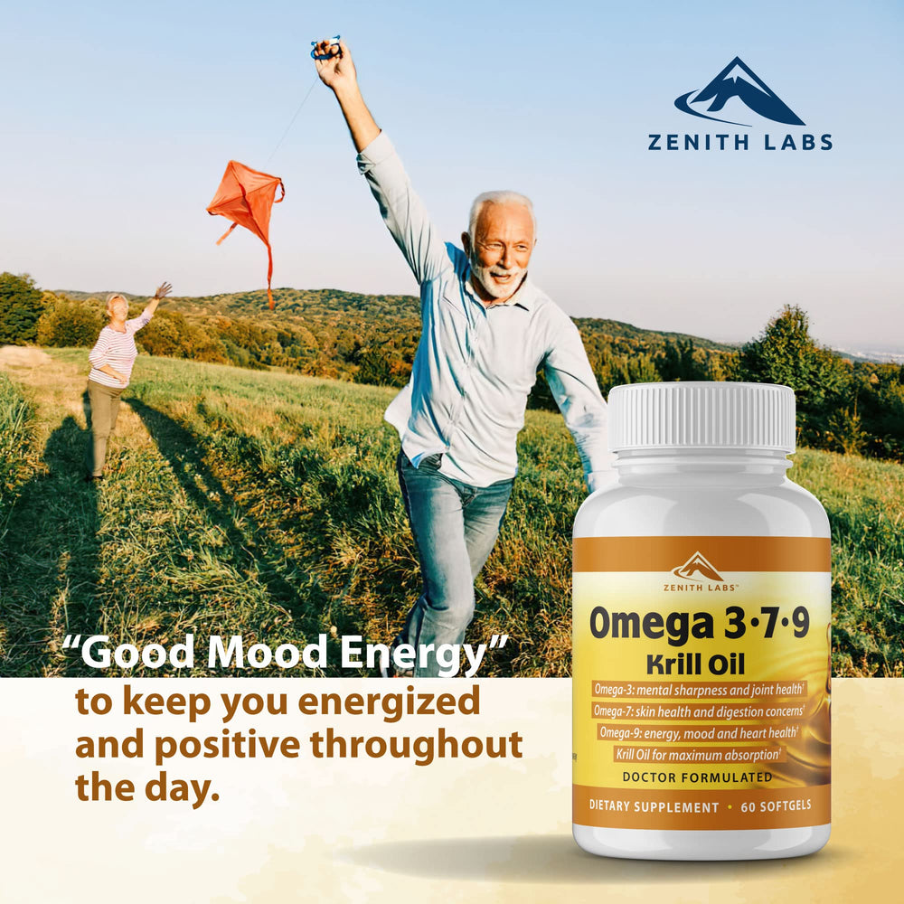 Zenith Labs Omega 379 packaging on a well-lit kitchen counter.