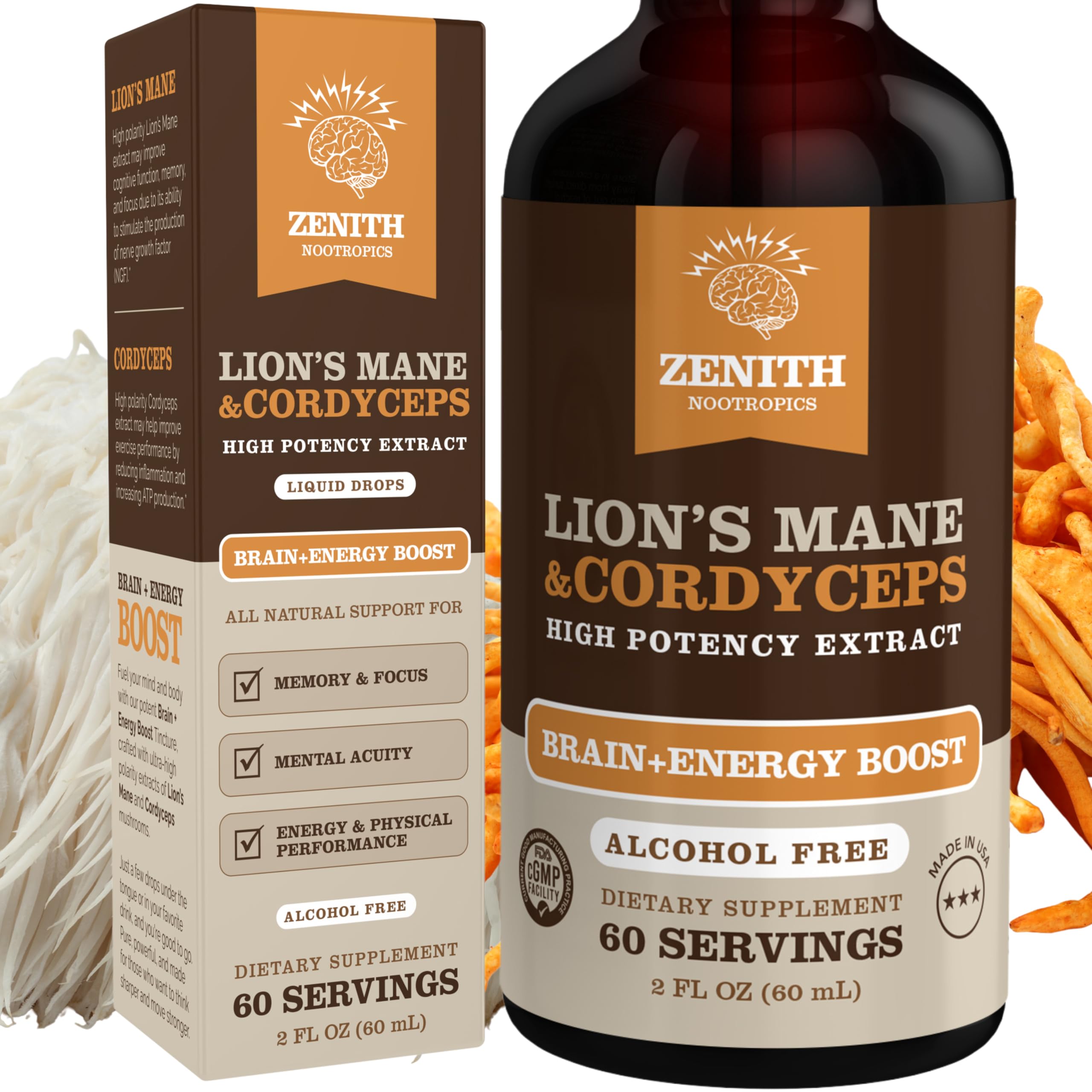 Zenith Nootropics Lion's Mane & Cordyceps tincture bottle for daily focus