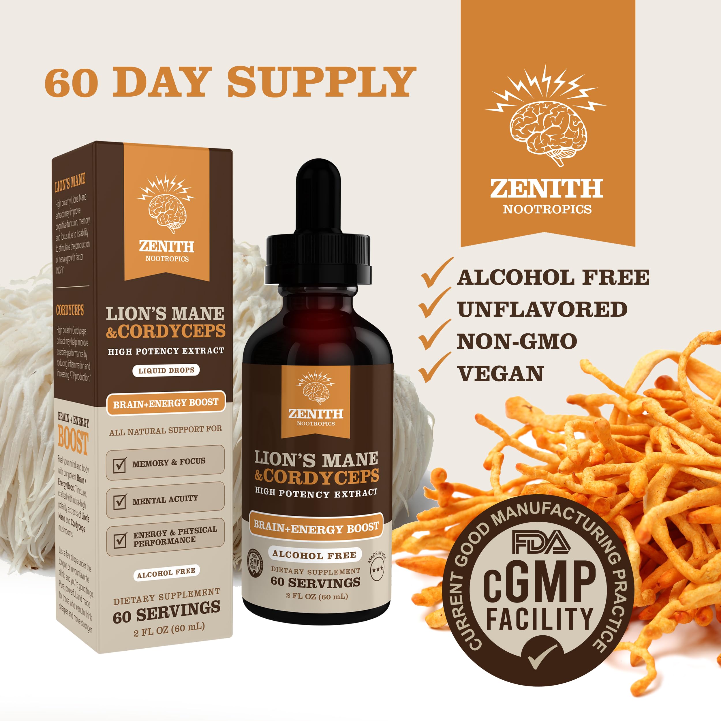 Zenith Nootropics Lions Mane Cordyceps label highlights natural ingredients