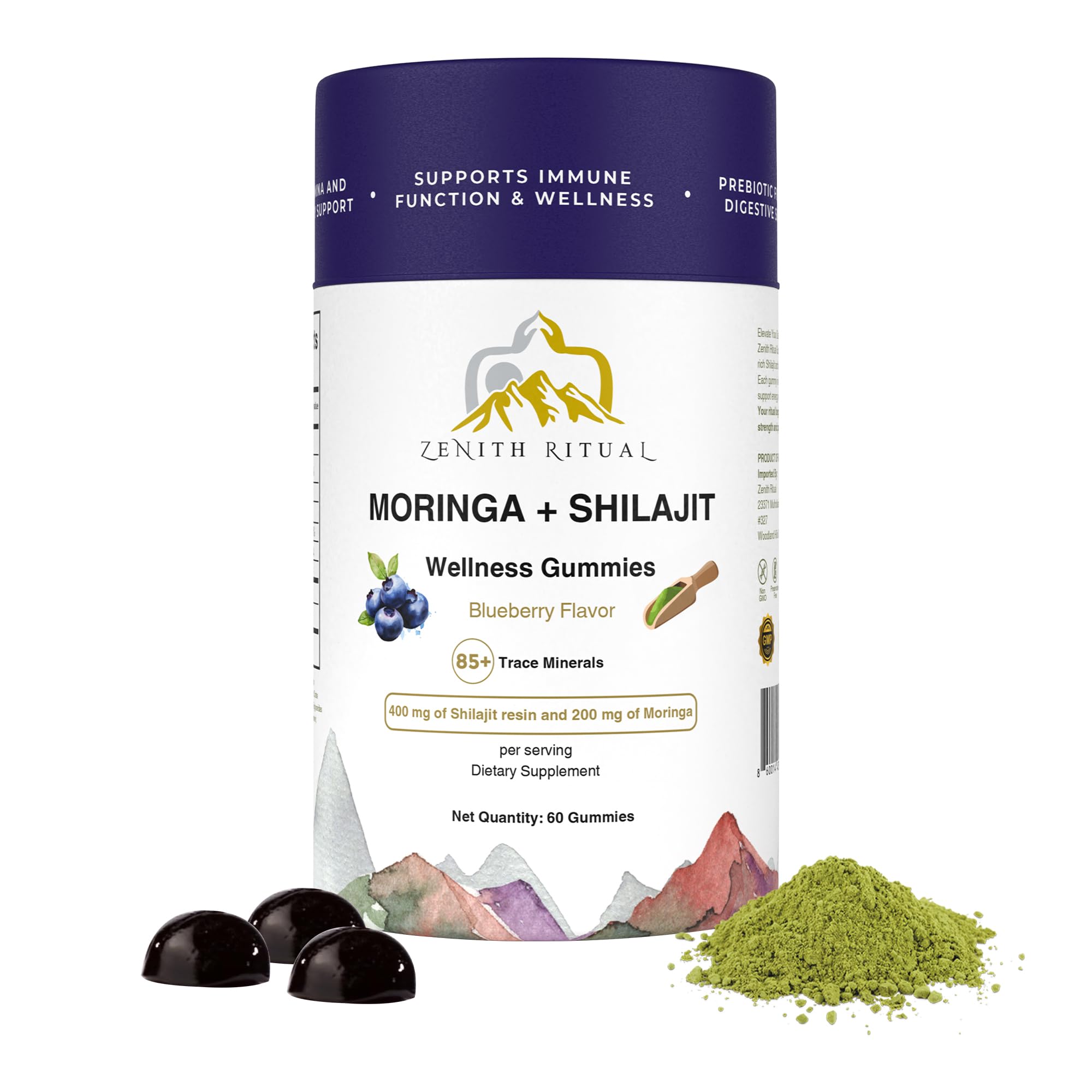 ZENITH RITUAL Shilajit Moringa blueberry gummies bottle for convenient daily energy support.