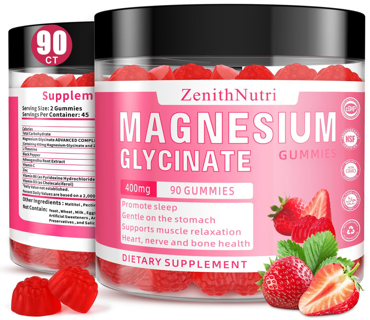 ZenithNutri Magnesium Glycinate Gummies bottle image for convenient daily relaxation and sleep support.