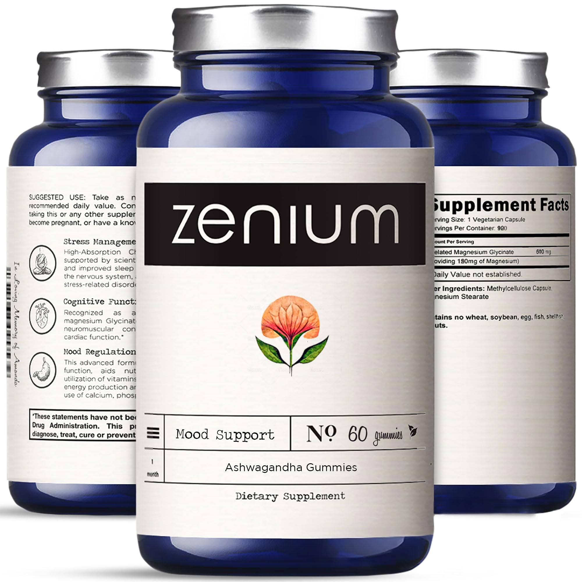 Zenium Ashwagandha Gummies bottle label showing calm focus benefits