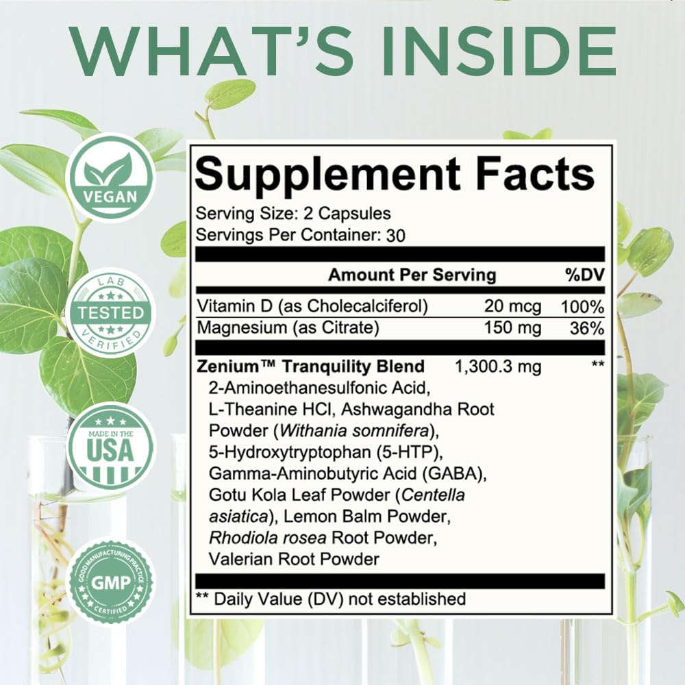 Zenium capsules closeup highlights plant-based ingredients for mindful, balanced days.