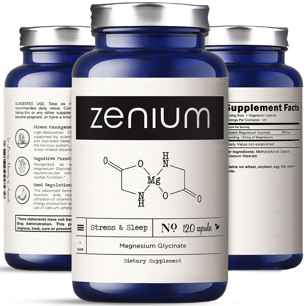 Zenium Magnesium Glycinate bottle front, high-absorption formula for calmer evenings.
