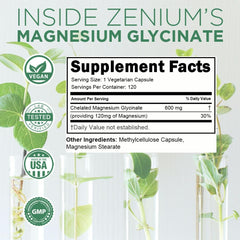 Zenium Magnesium Glycinate bottle label, 400 mg per serving information visible.