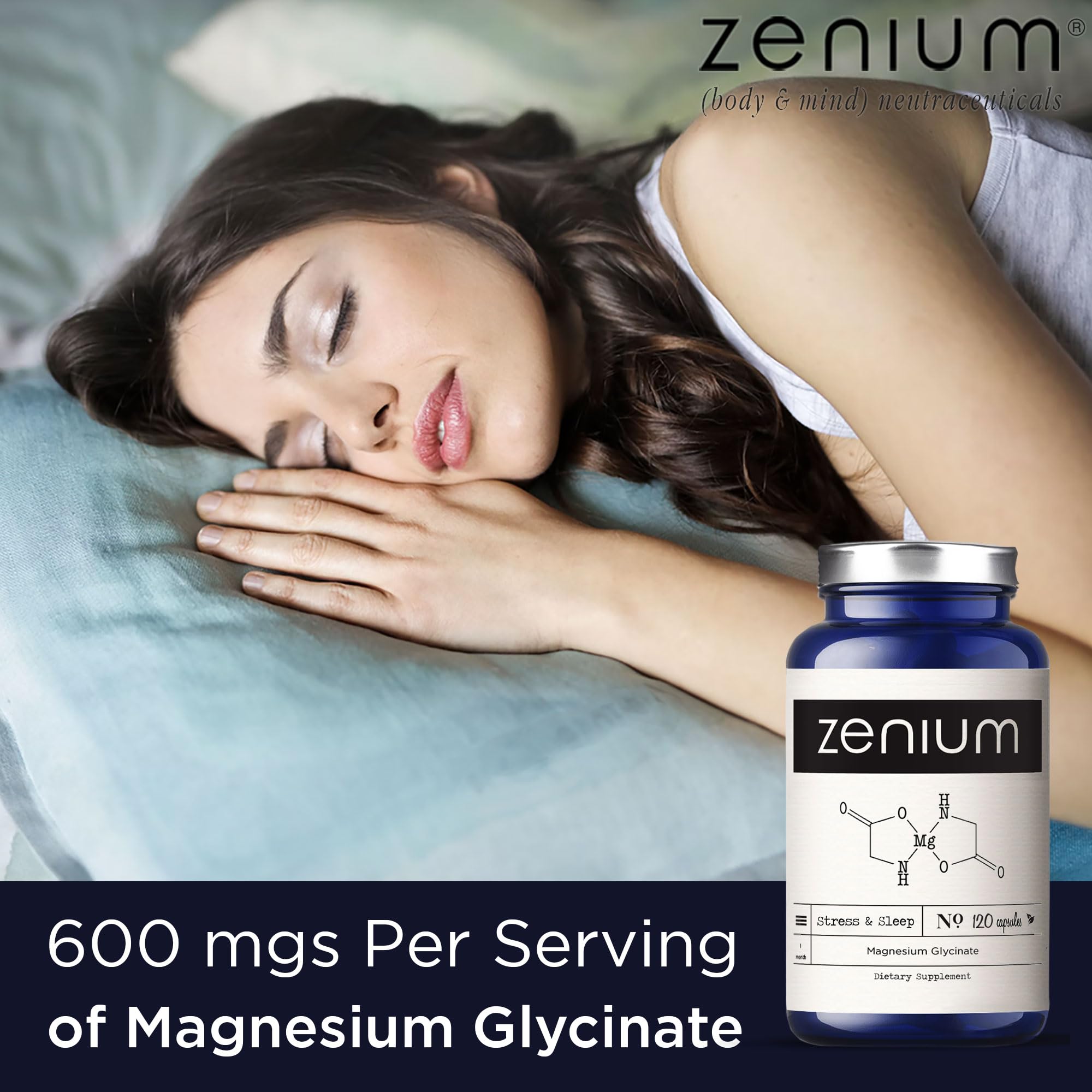 Zenium Magnesium Glycinate capsules close-up, chelated for gentle sleep support.
