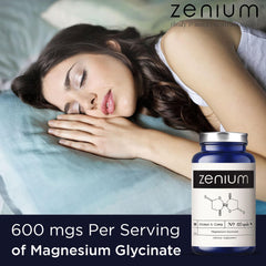 Zenium Magnesium Glycinate capsules close-up, chelated for gentle sleep support.