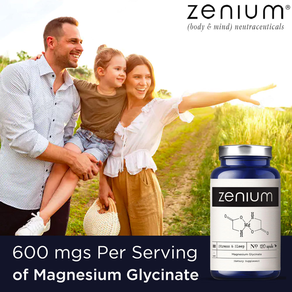 Zenium bottle on nightstand with glass, easy nightly routine reminder.