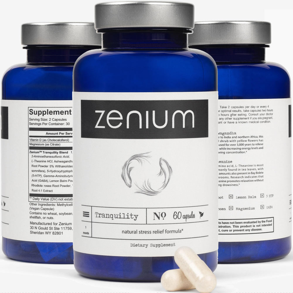 Zenium stress relief bottle front shows natural capsule blend for calmer moments.