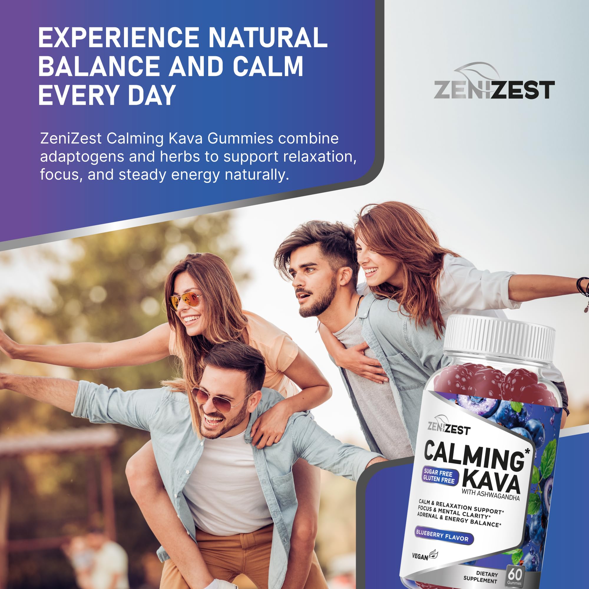 Blueberry-flavored ZeniZest gummies emphasize vegan, gluten-free clean label and calm benefits