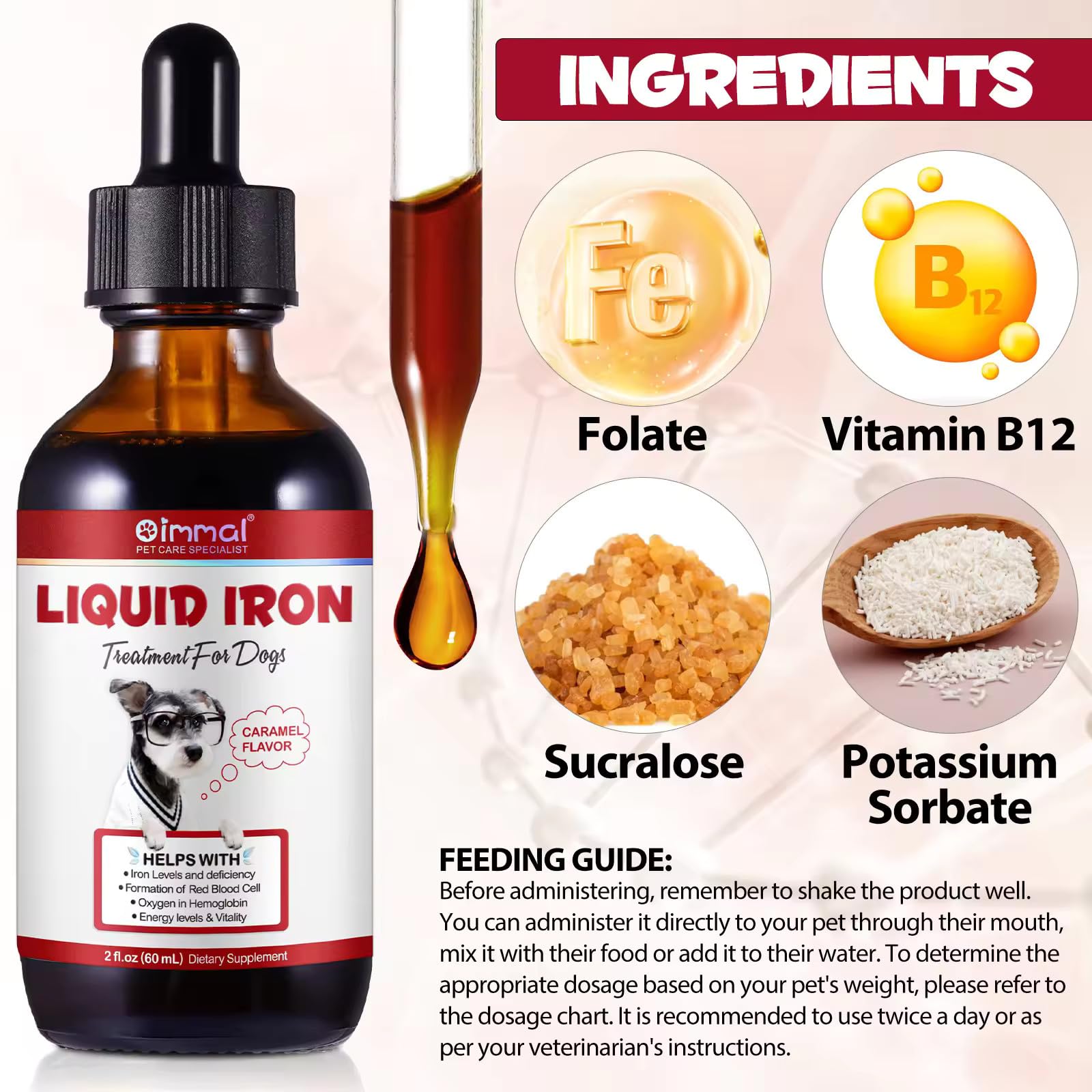 Zenpaws Liquid Iron label close-up featuring folate and B12 ingredients.