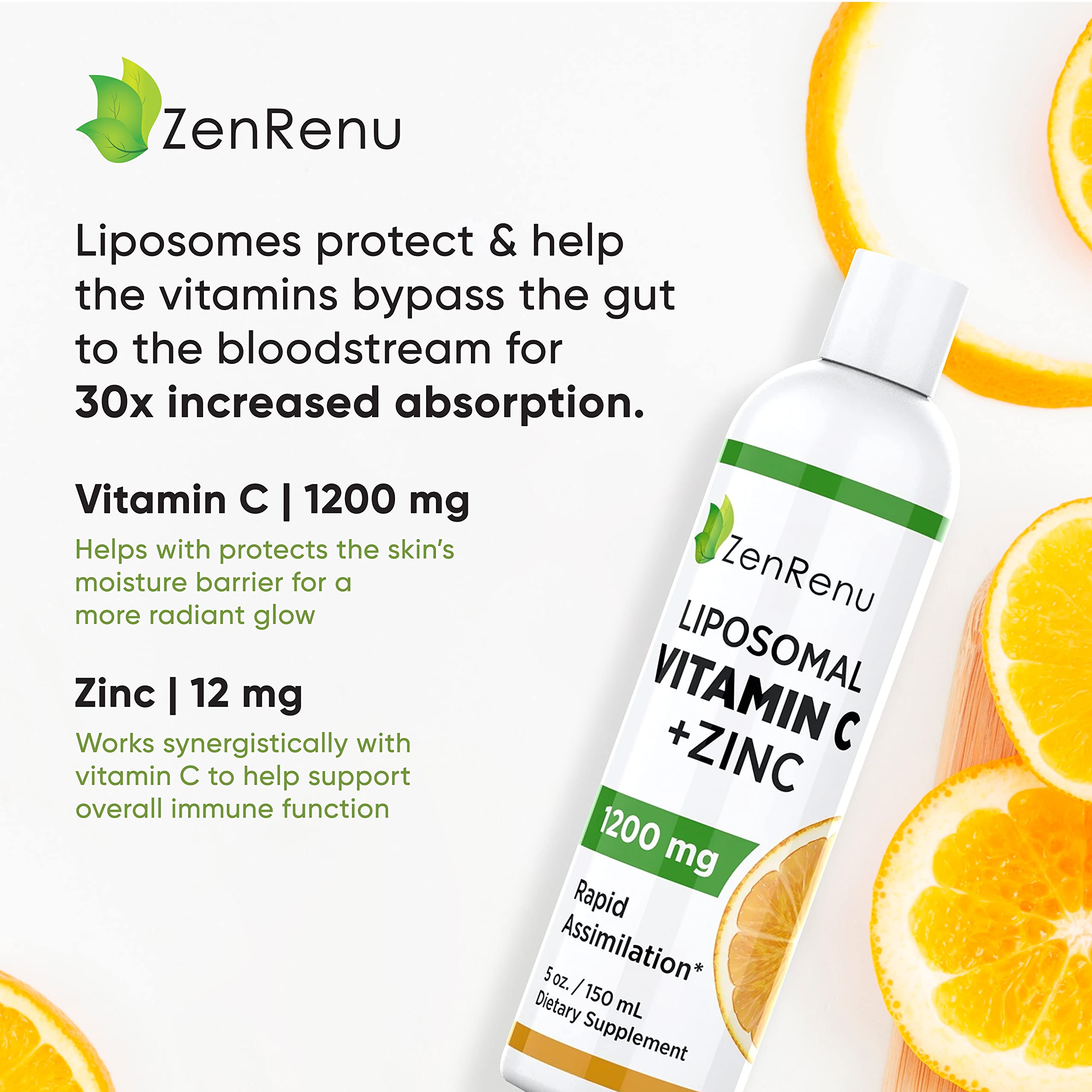 Zenrenu liposomal vitamin C + zinc liquid pouring into glass for easy mixing