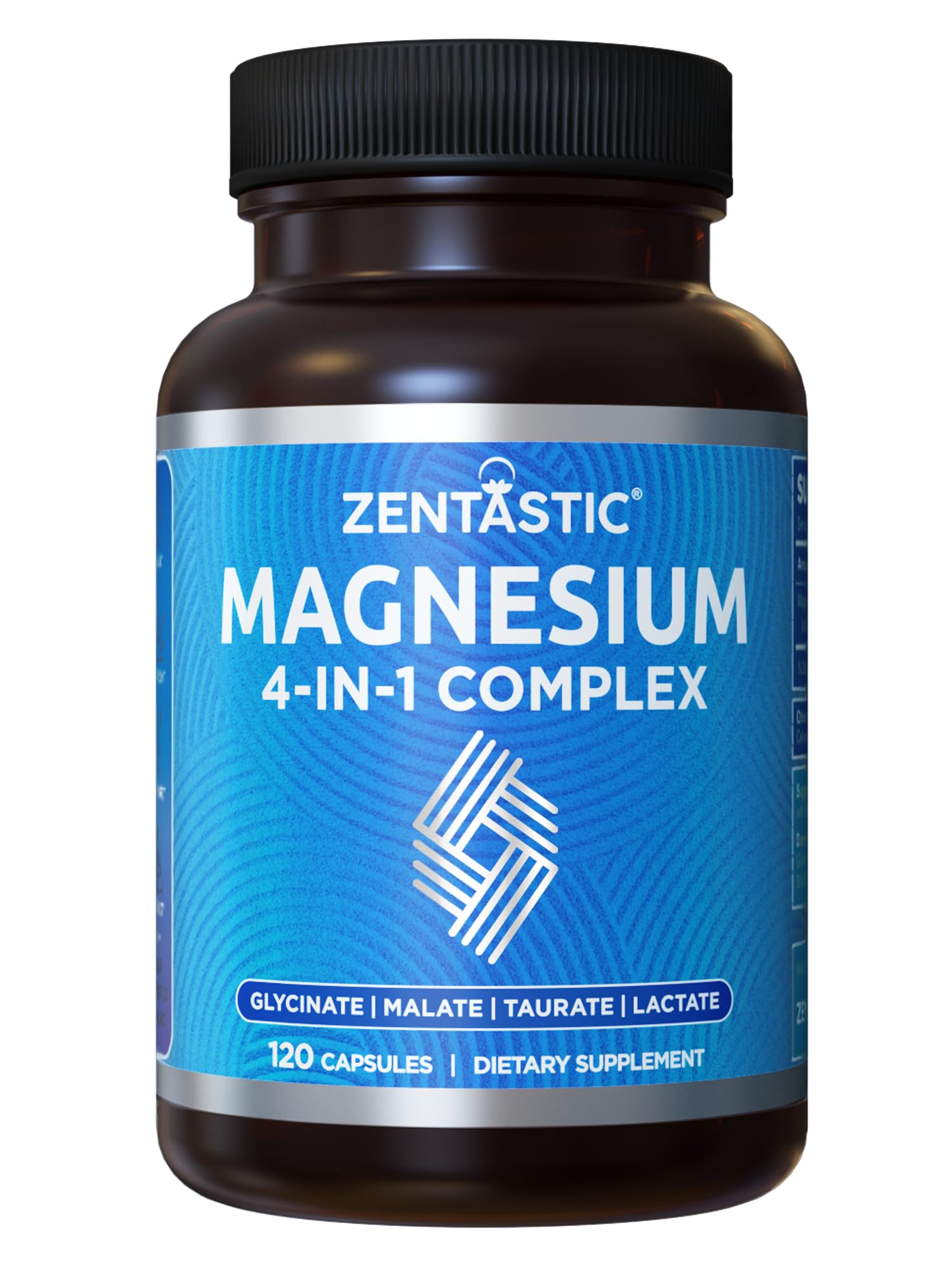 Zentastic Magnesium Complex bottle front showing 4-in-1 formula for nerves and muscles.