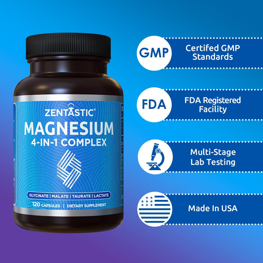 Zentastic Magnesium Complex bottle on nightstand for evening routine support.