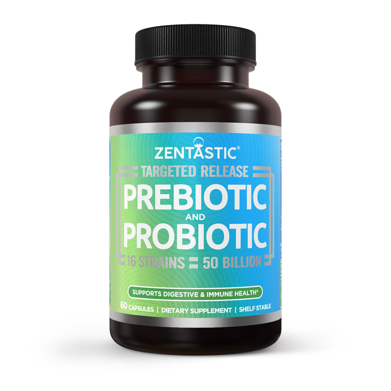 Zentastic Probiotics bottle front, supports daily digestive balance.
