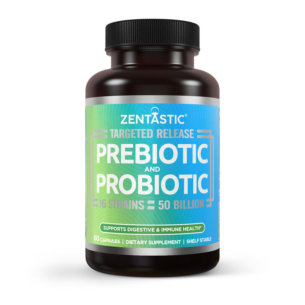 Zentastic Probiotics bottle front, supports daily digestive balance.