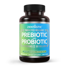 Zentastic Probiotics bottle front, supports daily digestive balance.
