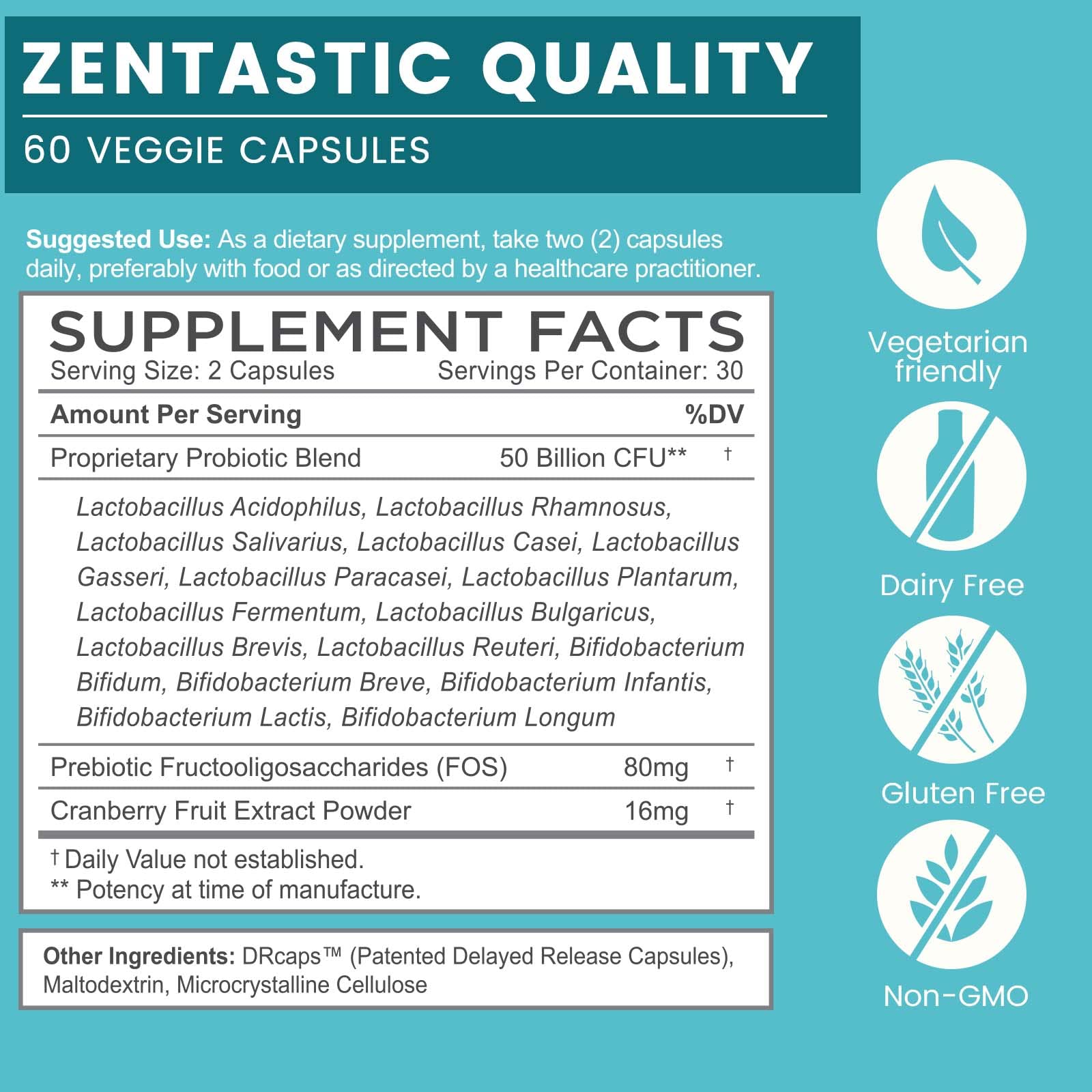 Zentastic Probiotics capsules close-up, 50B CFU for gut health.