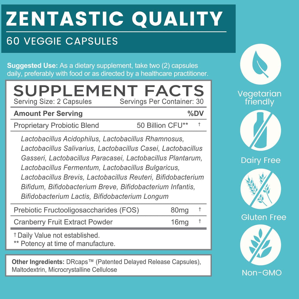 Zentastic Probiotics capsules close-up, 50B CFU for gut health.
