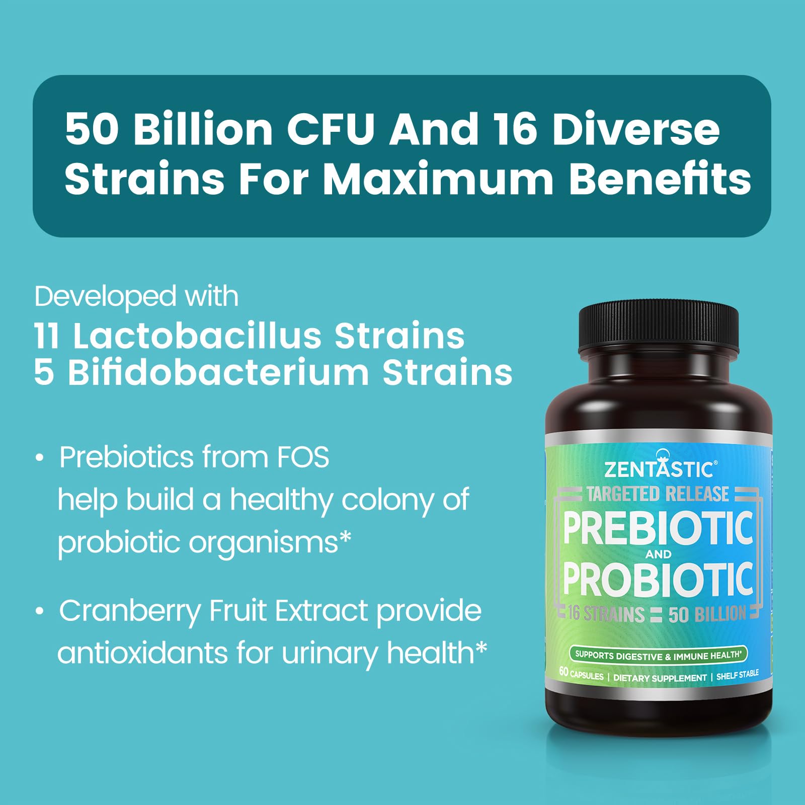 Zentastic Probiotics delayed-release capsules, shelf-stable design for intestinal delivery.