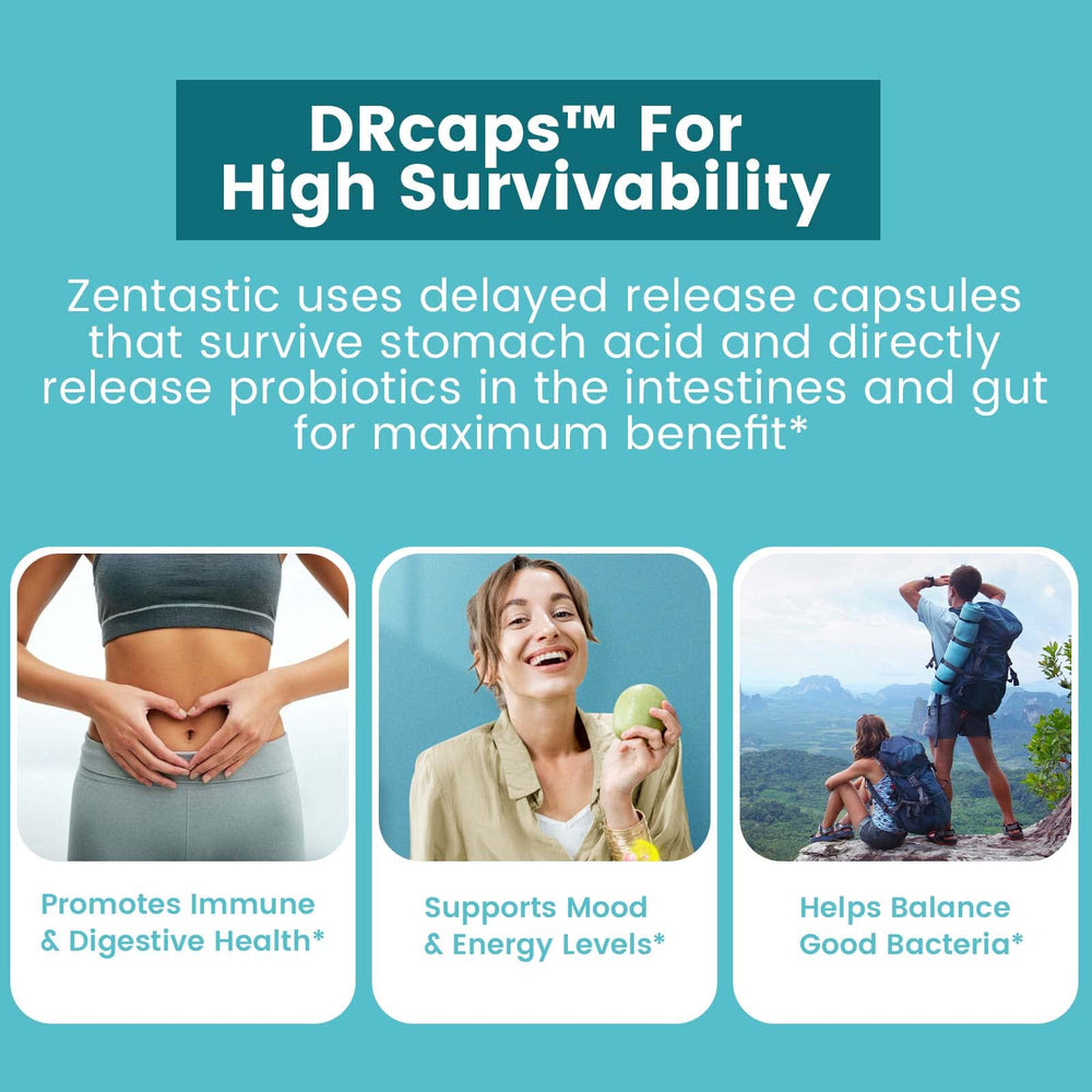 Zentastic Probiotics back-label close-up, 16 strains for microbiome balance.