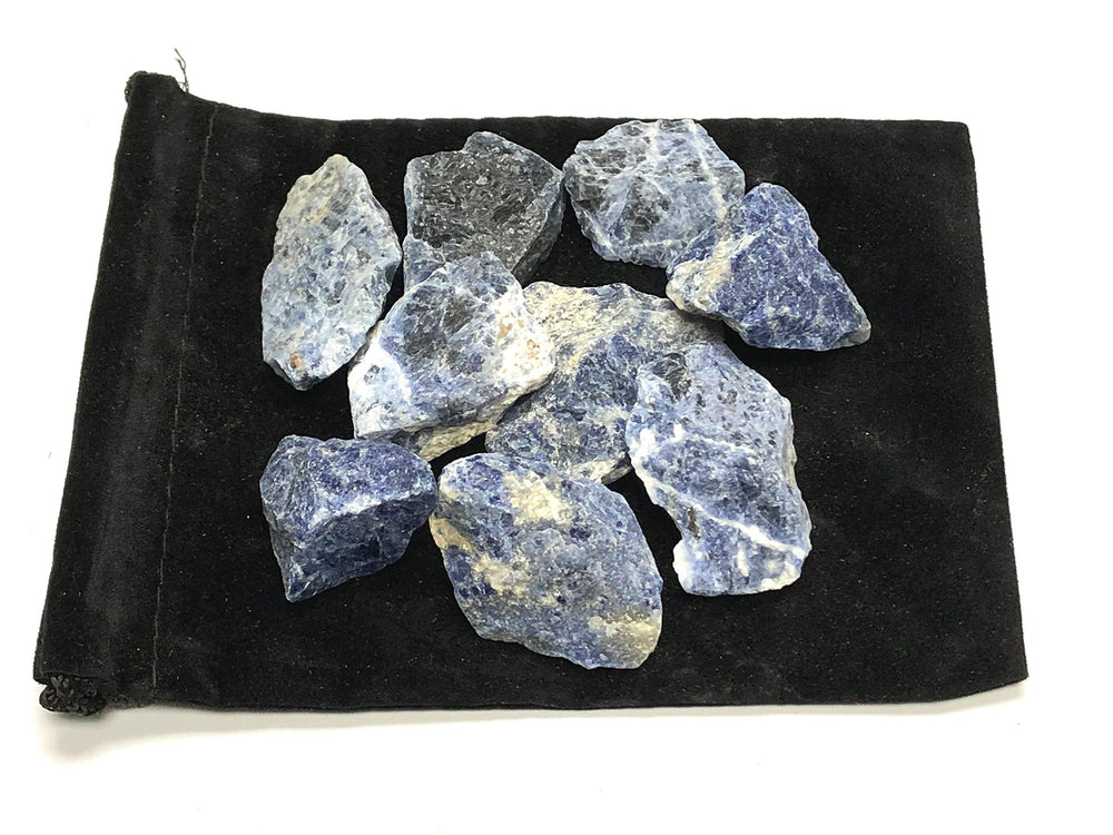 Zentron Rough Sodalite display in velvet bag for safe storage.