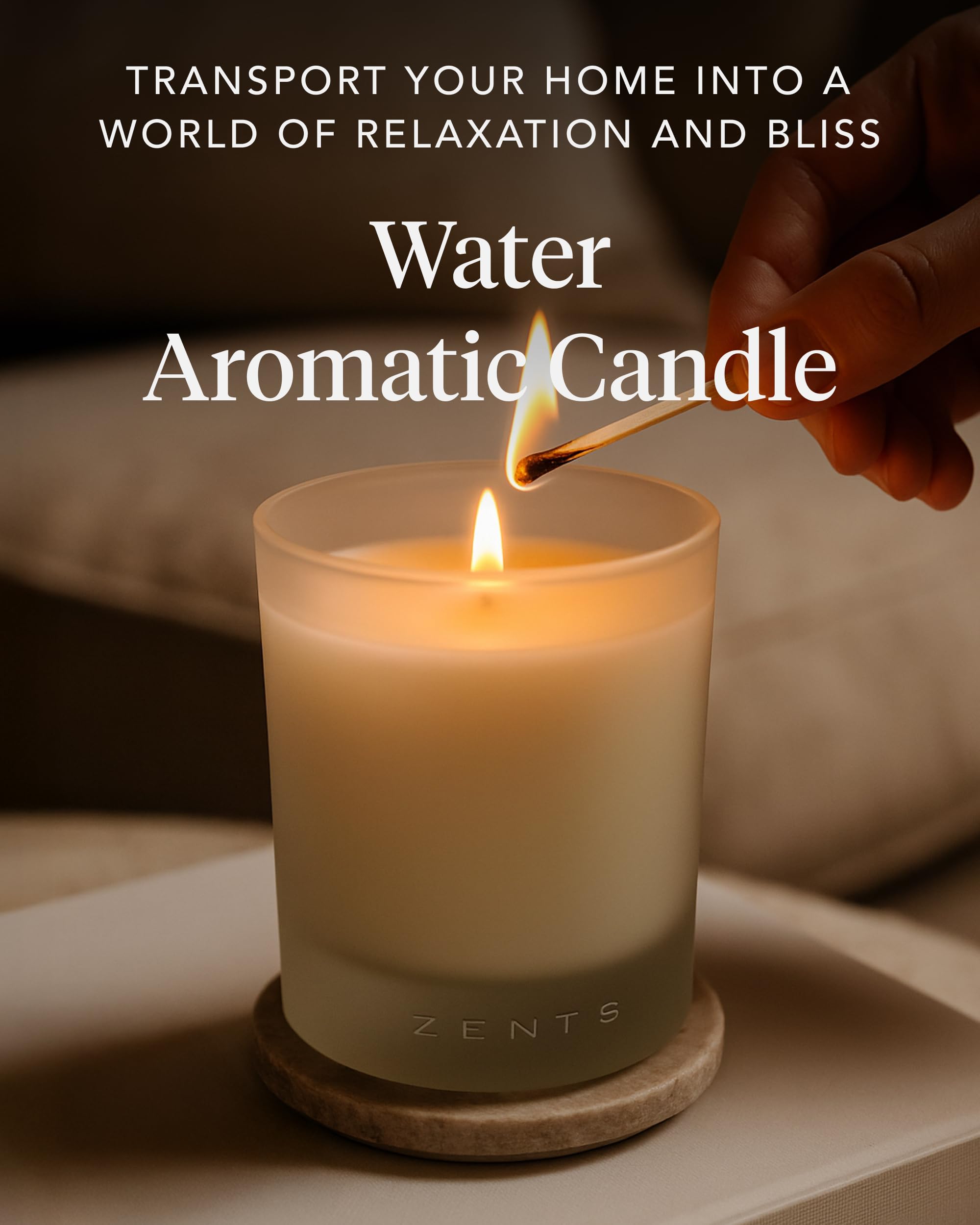 Zents Water candle lit for a warm, inviting atmosphere