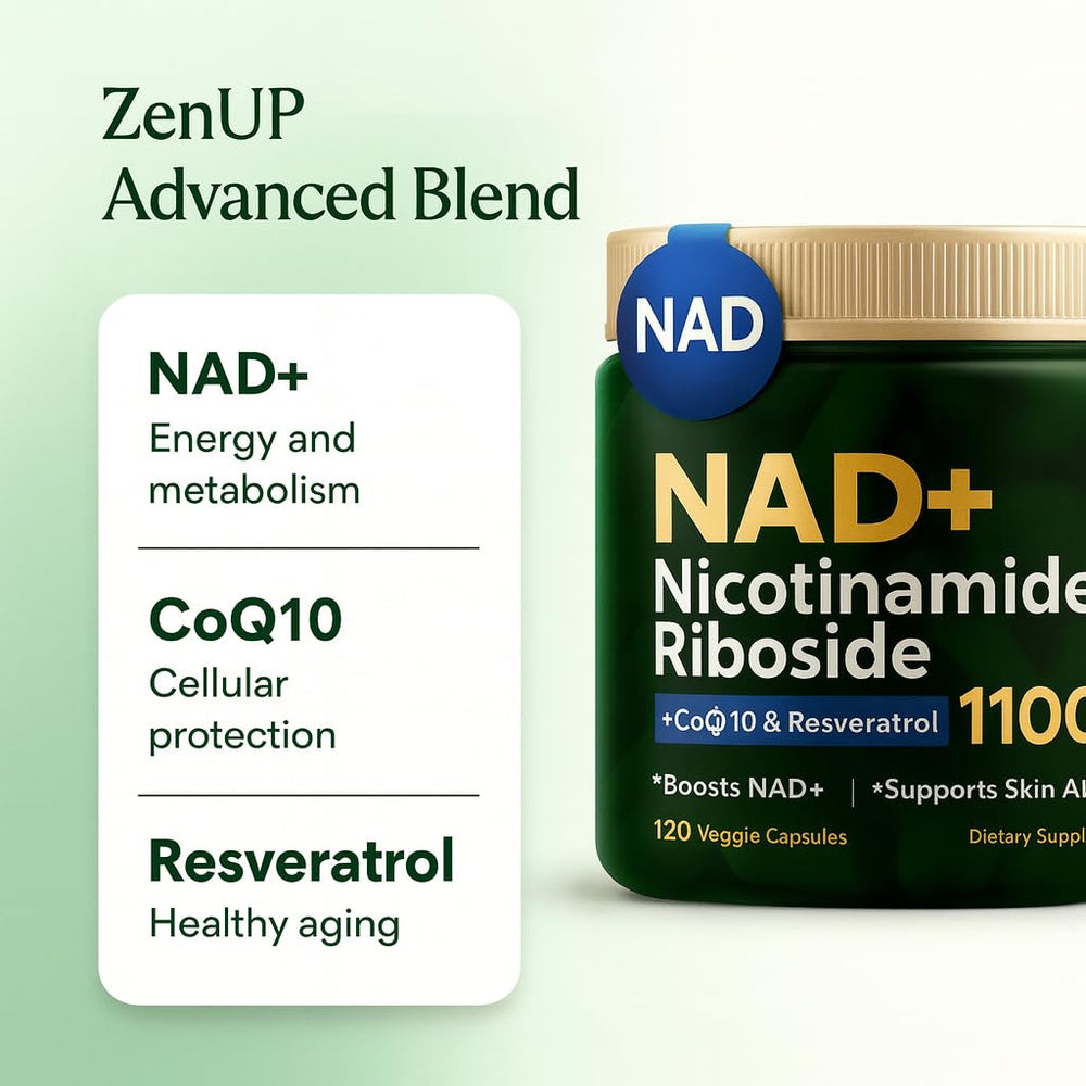 ZenUP NAD+ label zoom highlights Resveratrol and Quercetin synergy