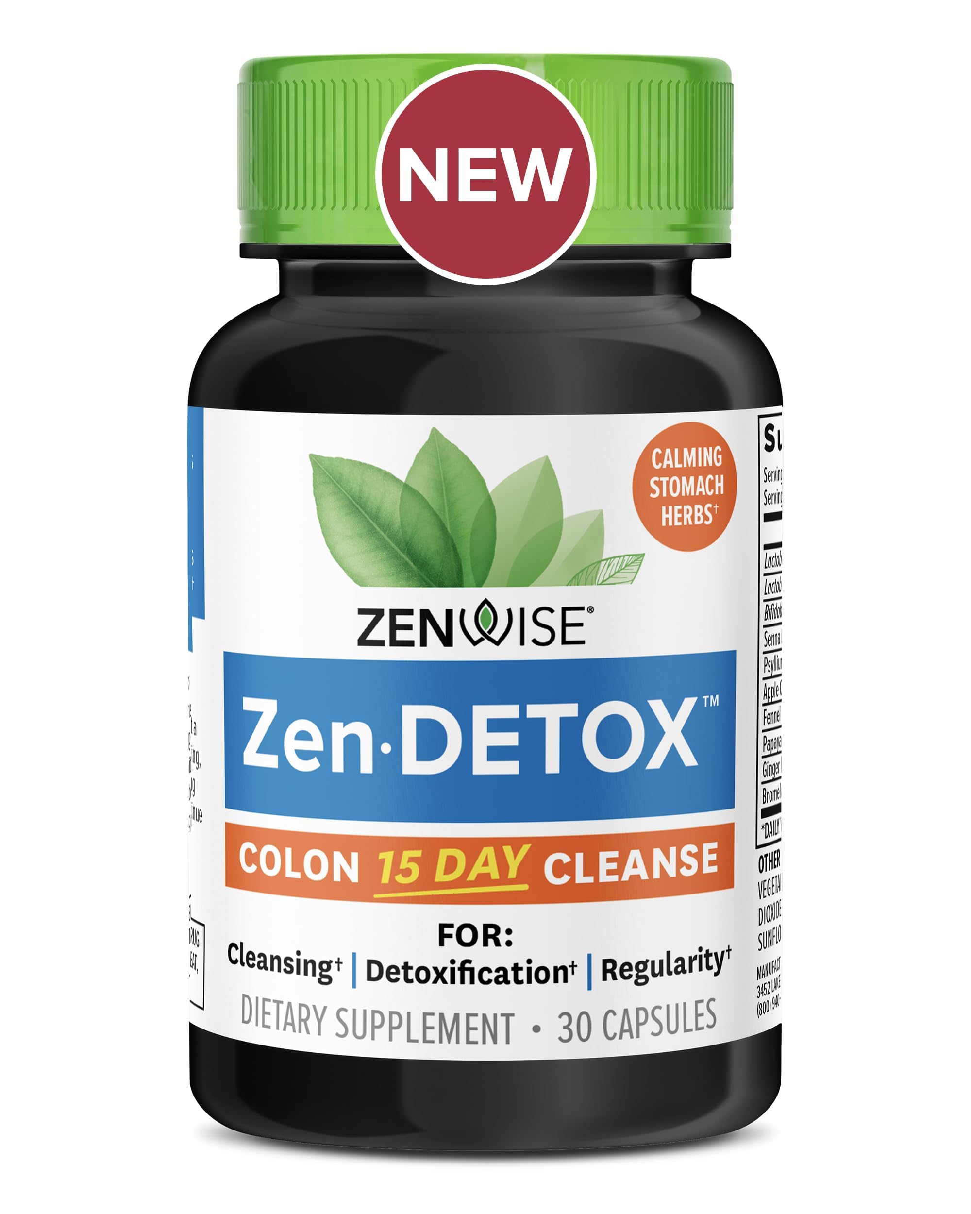 Zenwise Health 15-Day Colon Detox bottle showcases a plant-based blend for digestive support.