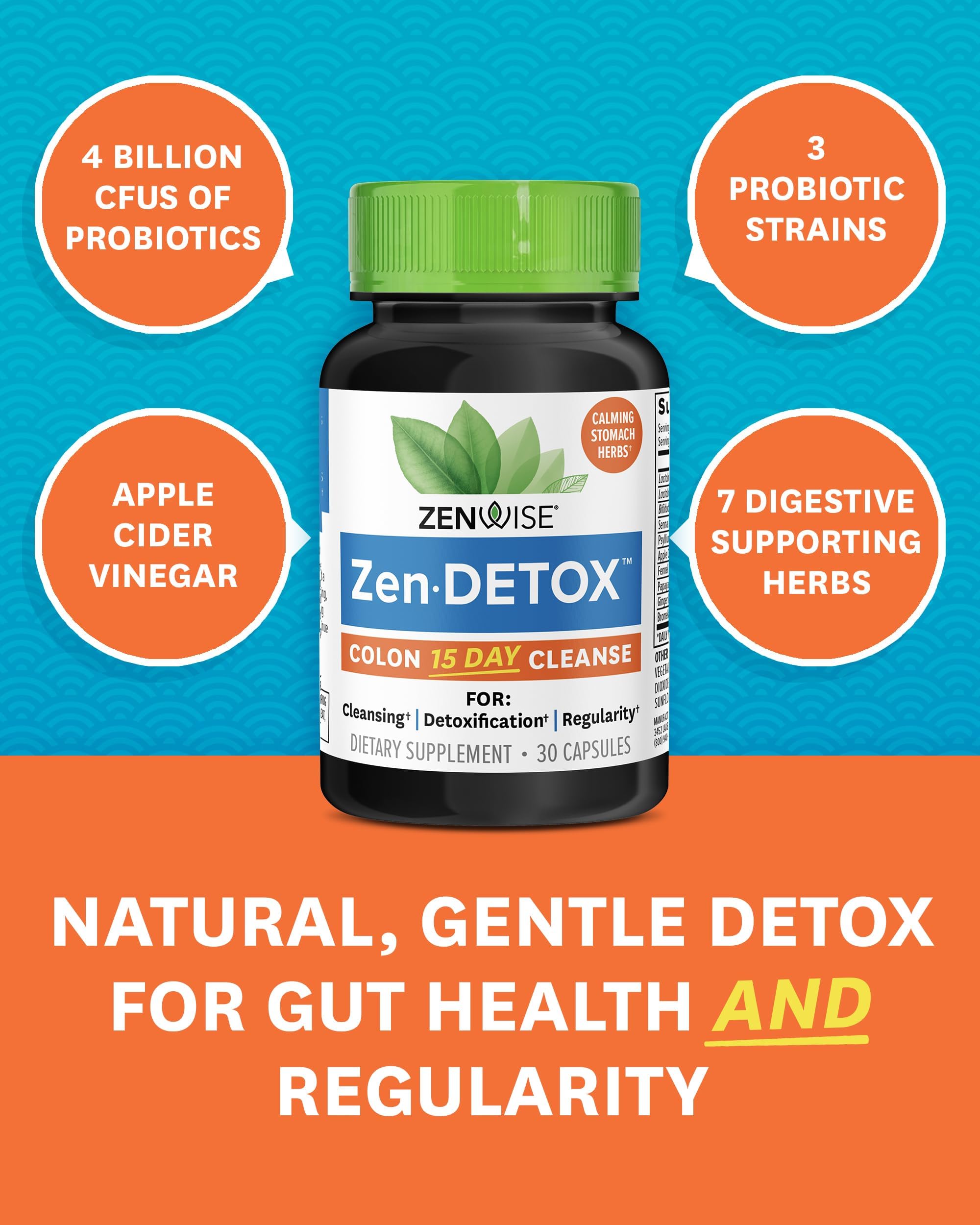 Zenwise Health colon detox packaging front emphasizes probiotic and herbal blend for gut balance.