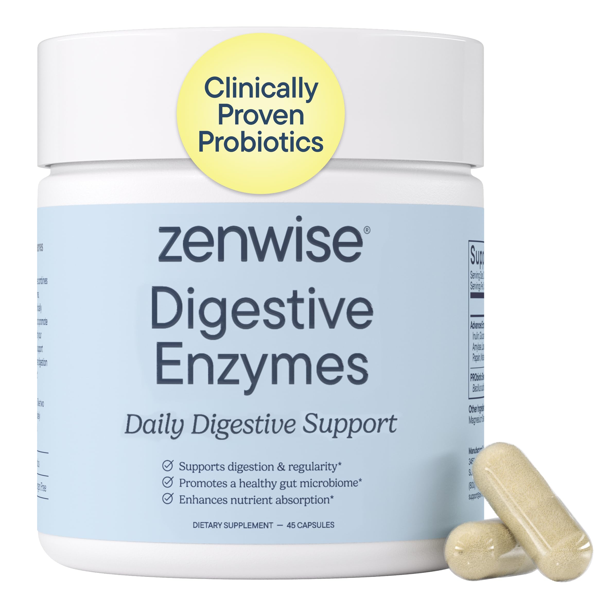 Zenwise Health Digestive Enzymes bottle with pour improves post-meal comfort.