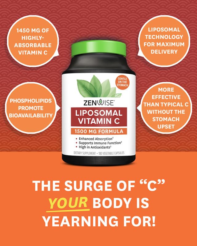 Front view of Zenwise Health liposomal vitamin C bottle with clear labeling and dosage.