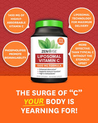 Front view of Zenwise Health liposomal vitamin C bottle with clear labeling and dosage.