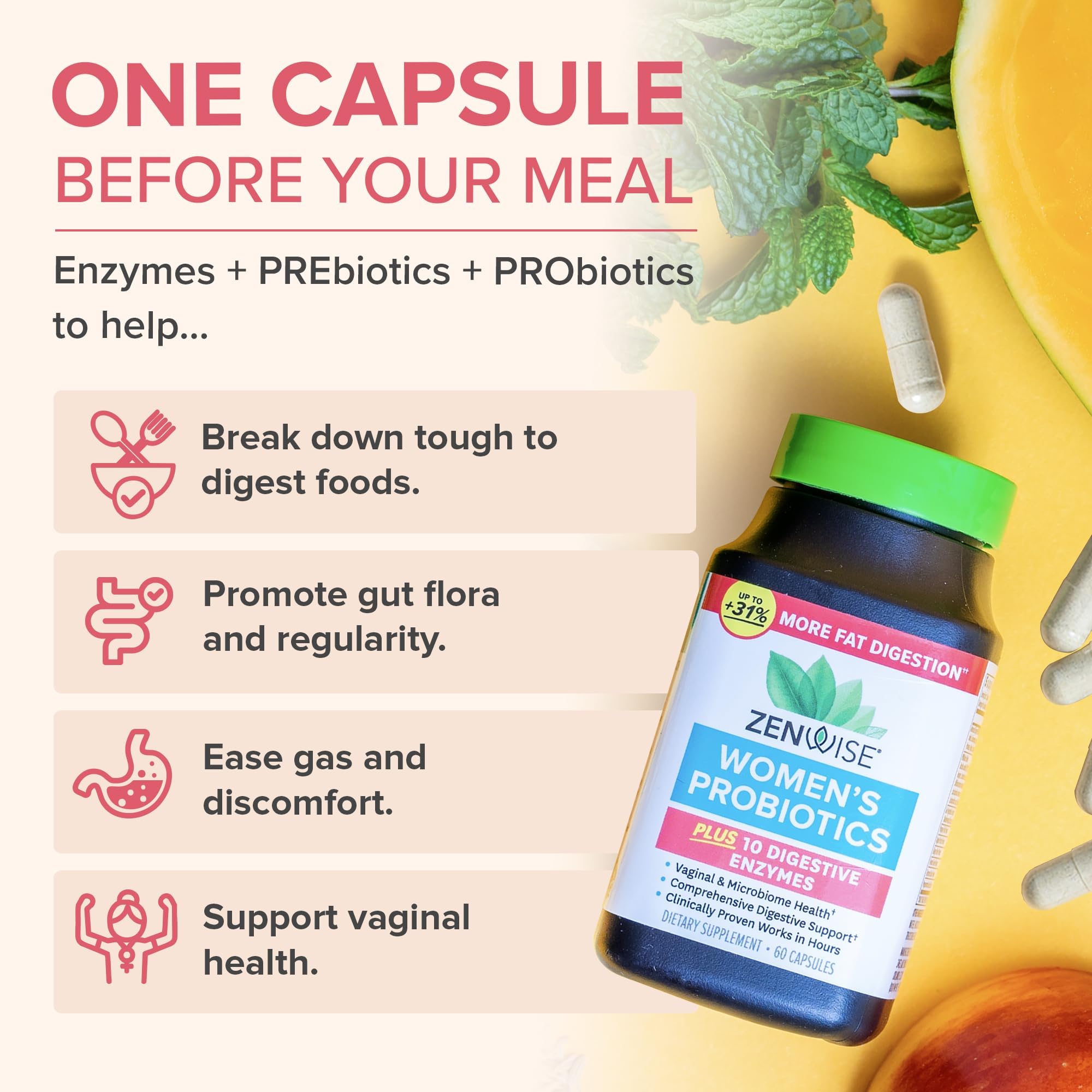 Zenwise Health probiotic capsules focused on vaginal health and comfort.