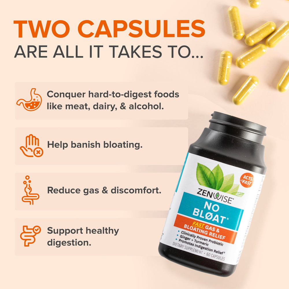 Zenwise No Bloat capsules close-up showcasing vegetarian enzyme mix