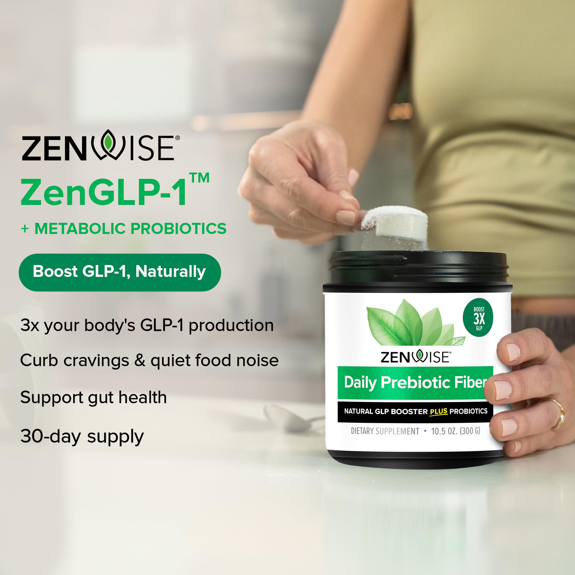Zenwise Health ZenGLP-1 bottle being poured into a glass for daily routine.
