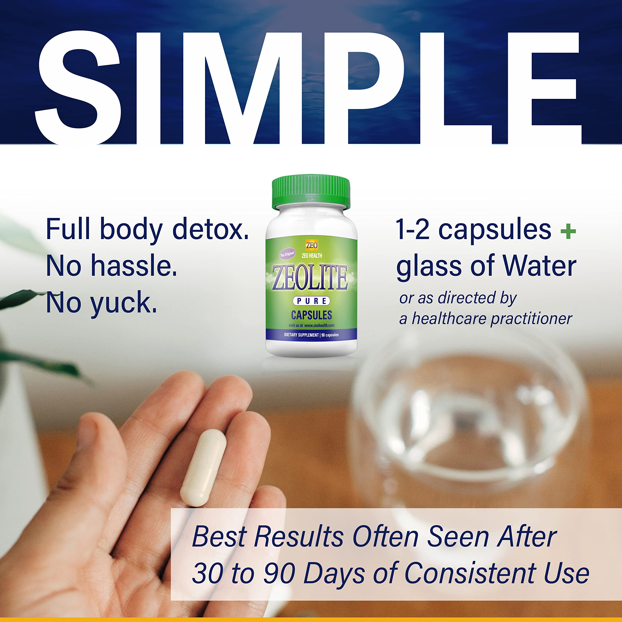 Zeo Health Zeolite Pure Capsules bottle closeup shows small particle size